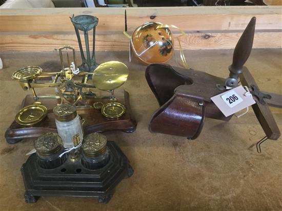 Vict gilt metal desk stand, Mauchline spherical string box, brass postal scales,Perfecscope stereoscope, etc.